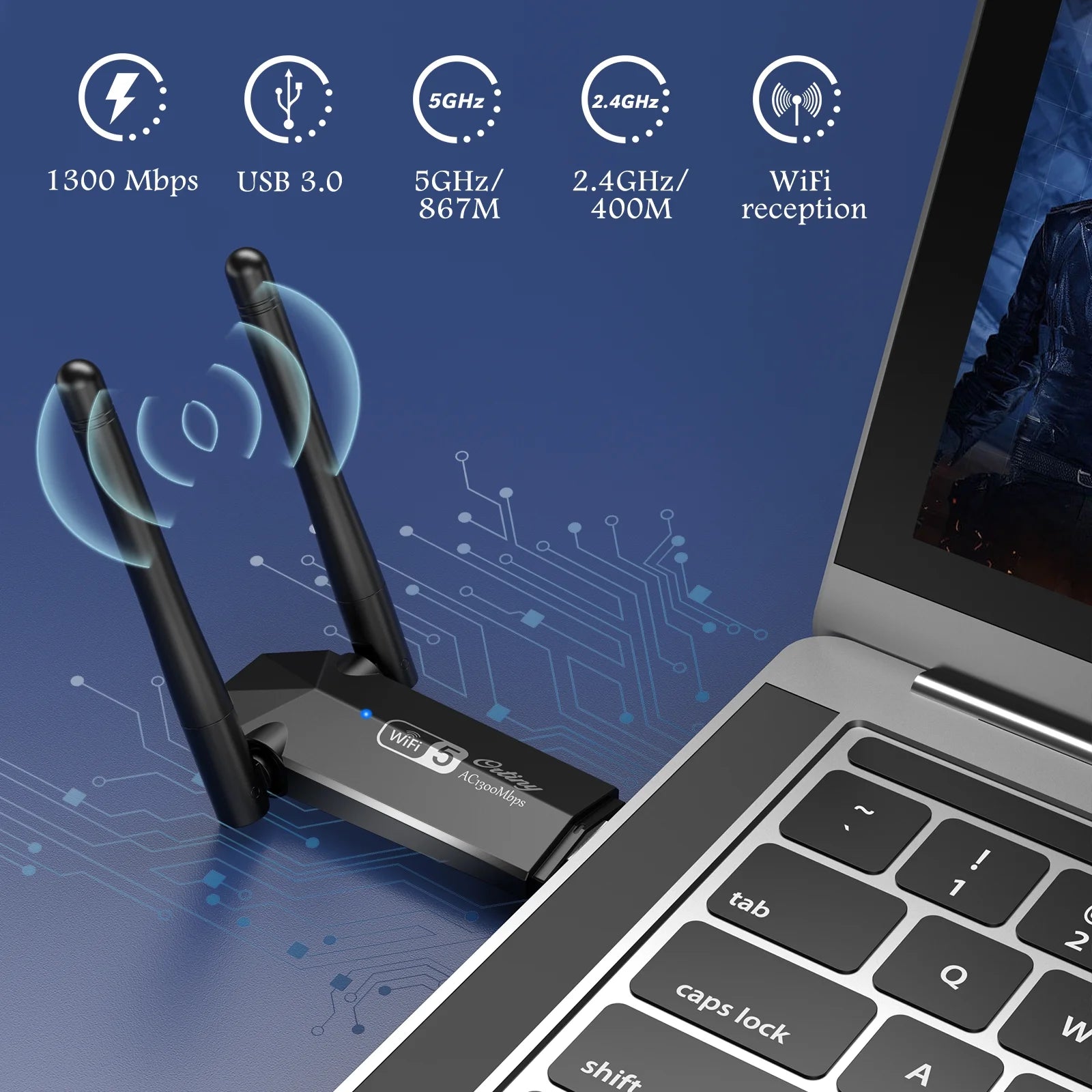 Adaptador USB 3.0 De 1300Mbps, 867Mbps En 5Ghz / 400Mbps En 2.4Ghz De Doble Banda Con Wi-Fi