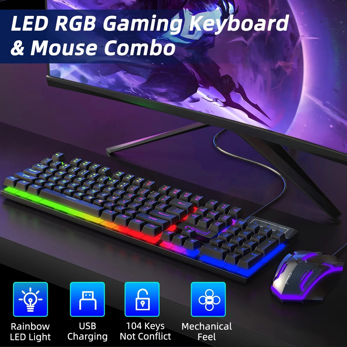 Combo De Teclado Y Mouse Para Juegos, Teclado Multimedia Para Juegos Con Retroiluminación LED Arcoíris, Teclado De Oficina Colorido Con Retroiluminación Para Trabajar O Jugar Con Primer, Dispositivo De Oficina, Rosa