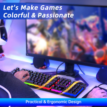 Combo De Teclado Y Mouse Para Juegos, Teclado Multimedia Para Juegos Con Retroiluminación LED Arcoíris, Teclado De Oficina Colorido Con Retroiluminación Para Trabajar O Jugar Con Primer, Dispositivo De Oficina, Rosa